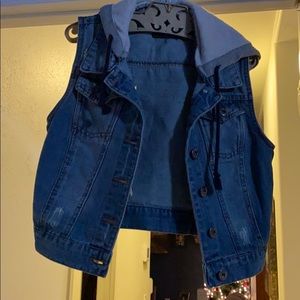 Distressed cropped jean vest with a hood